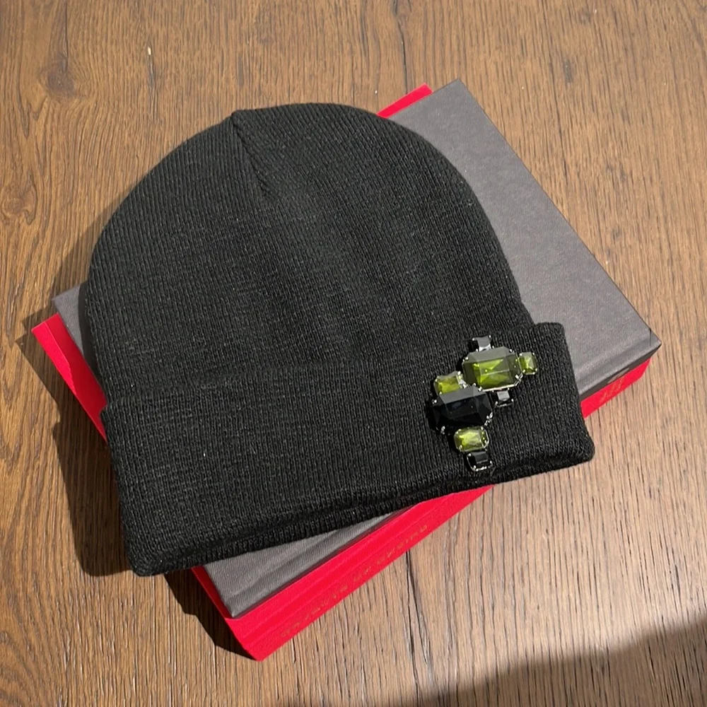 Black Beanie Hat with Black and Green Rhinestone Detail - Picture 1 of 4